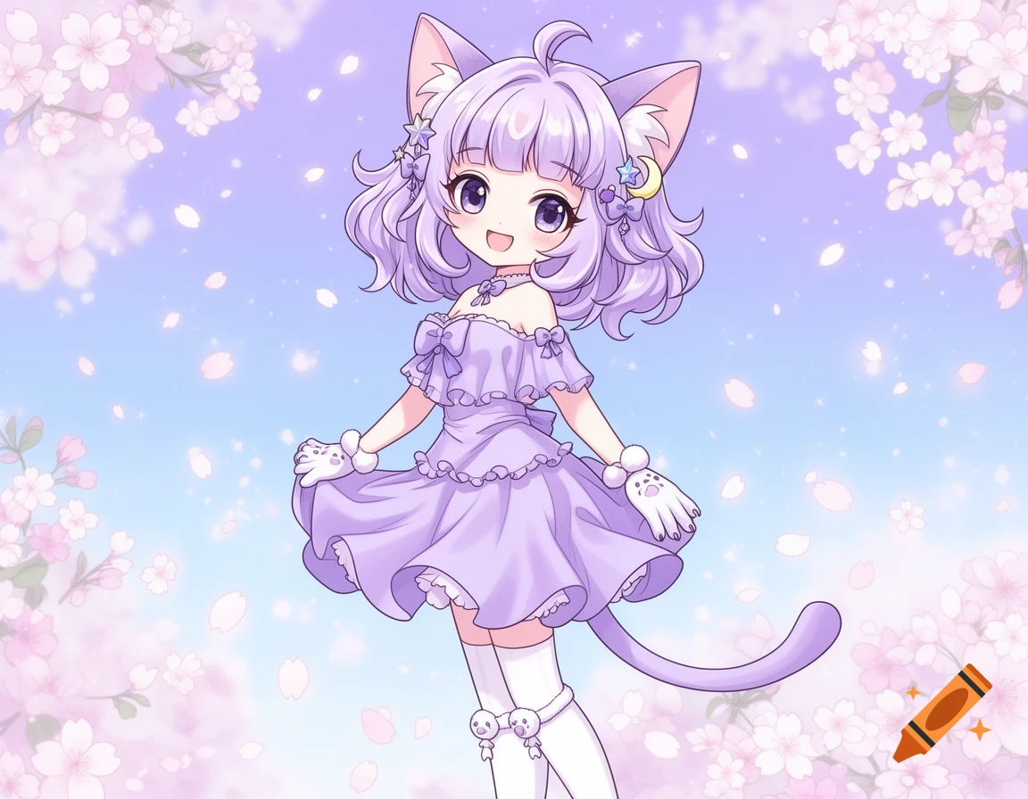 A cute anime cat girl with purple hair and cat ears/tail, wearing a pastel purple dress, stands amidst falling cherry blossoms.