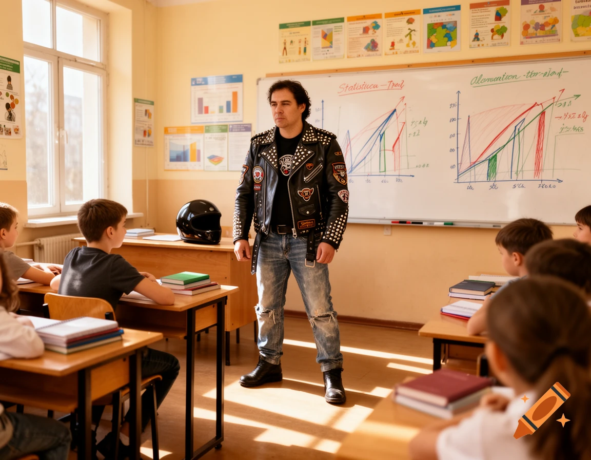 A man in a black leather biker jacket and ripped jeans stands in a classroom, looking at students seated at desks. Charts are on the whiteboard.
