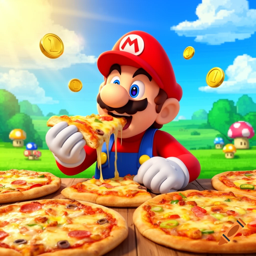 Cartoon Mario happily eats a cheesy pizza slice from a table with other pizzas, surrounded by floating gold coins and mushroom structures in a vibrant green landscape.
