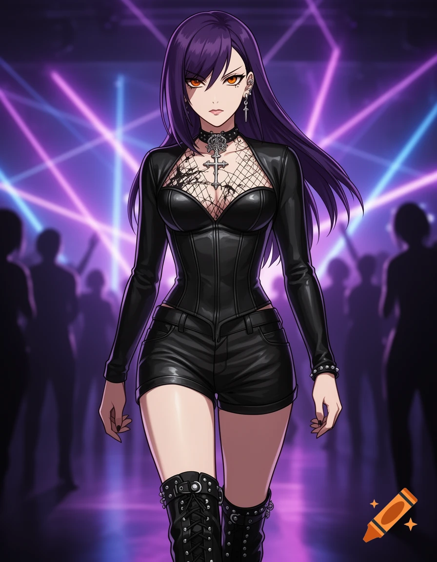 An anime woman in a black goth club outfit with purple hair and orange eyes stands before a crowd illuminated by purple neon lights.