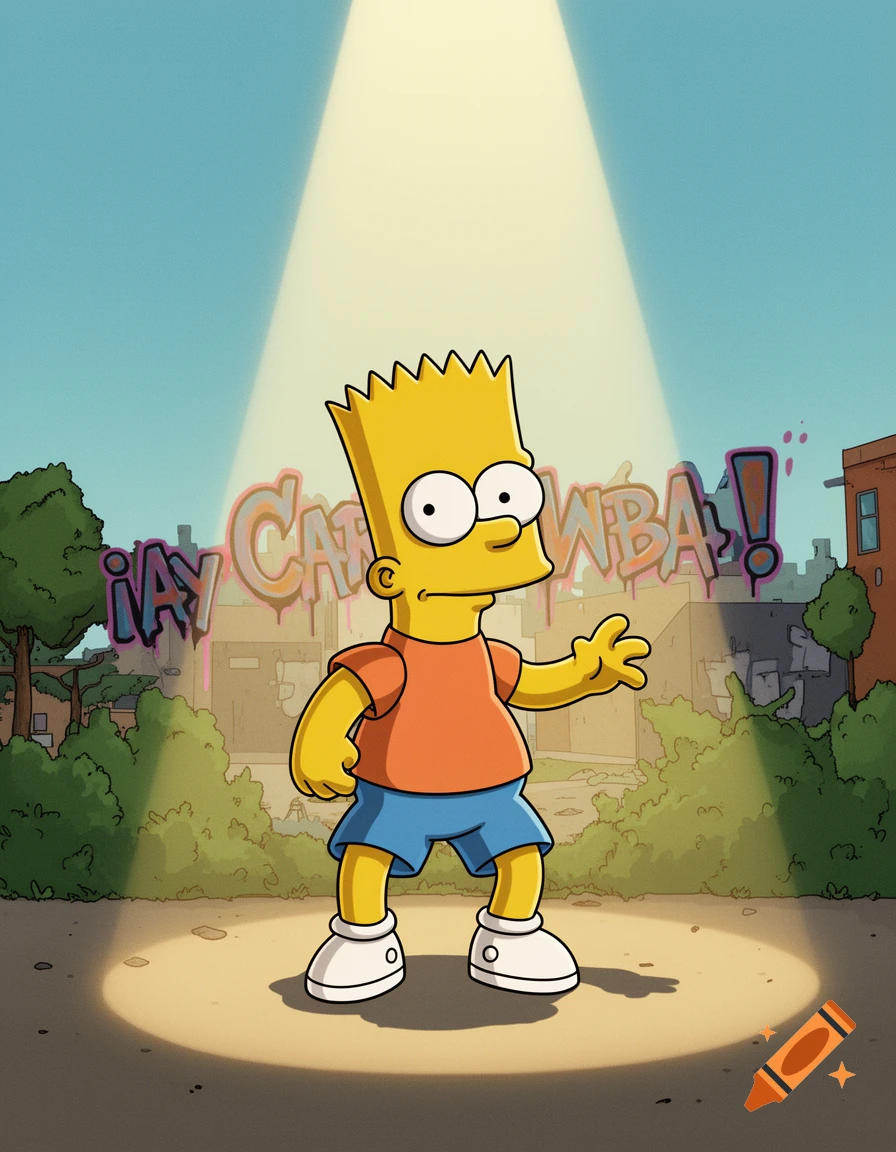 Bart Simpson stands in a spotlight on a dirt path, with graffiti '¡AY CARAMBA!' on a wall, cartoon style.