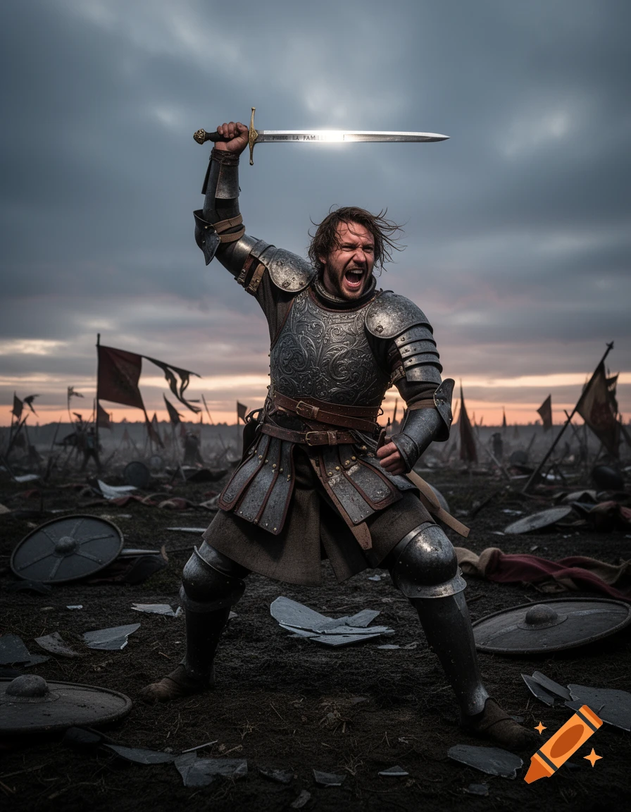 A medieval knight in ornate armor raises a glowing sword inscribed with "POUR LA FAMILLE" amidst a battle-scarred field at dusk.
