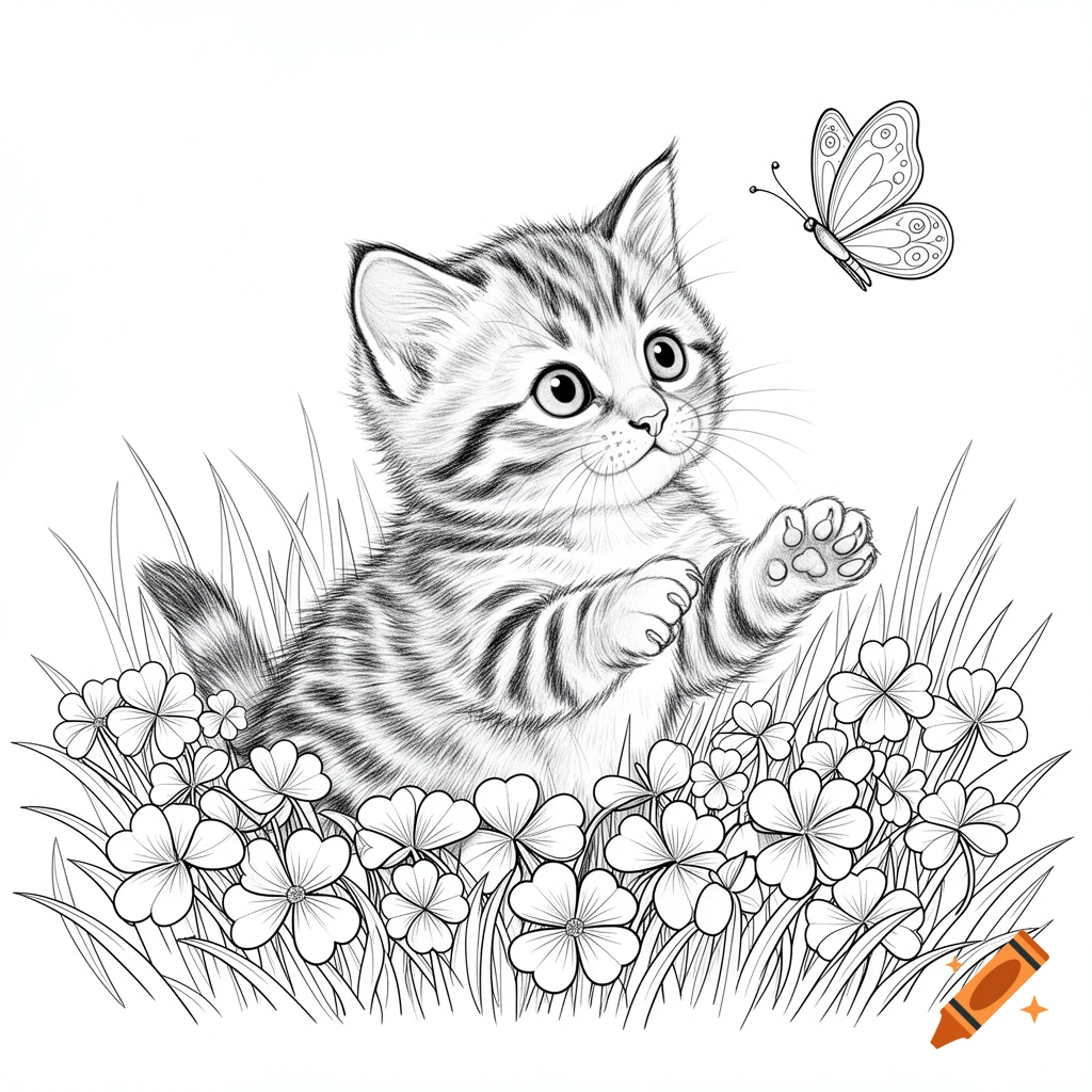 A line drawing of a cute tabby kitten in a field of four-leaf clovers, reaching a paw towards a butterfly.