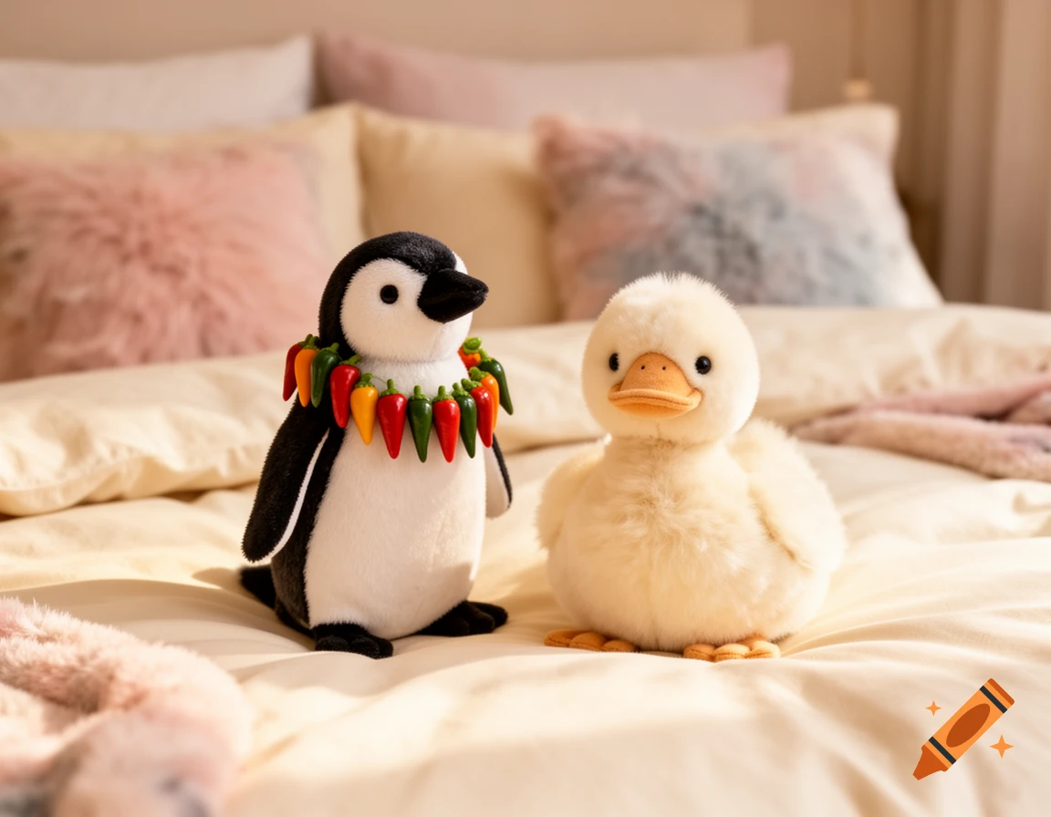 A black and white penguin plush toy with a chili pepper necklace stands beside a fluffy white duck plush toy on a cozy bed.