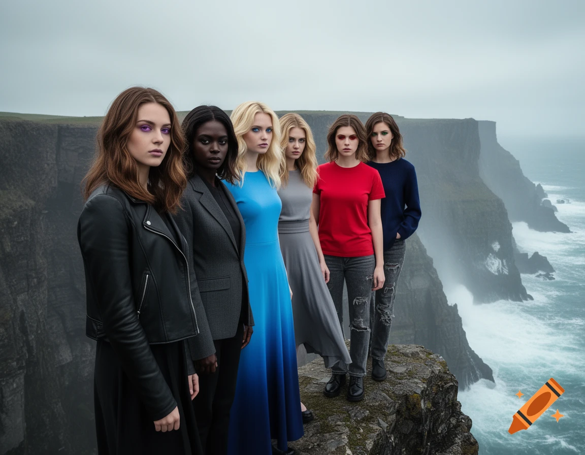 Six women in diverse outfits stand on a mossy cliff overlooking a stormy ocean and dramatic coastline under a grey sky.
