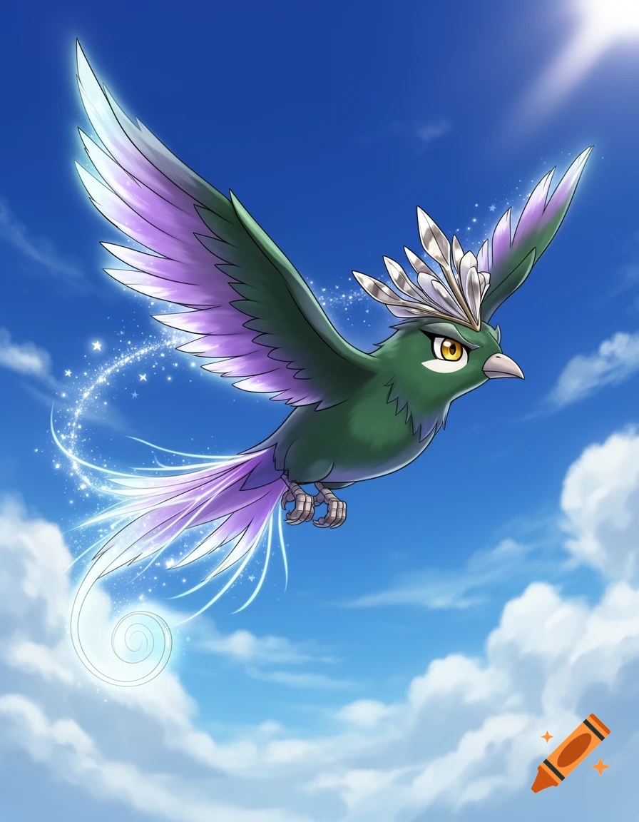 A green and purple anime bird with a white feather crest flies in a blue sky, leaving a sparkling, glowing trail.