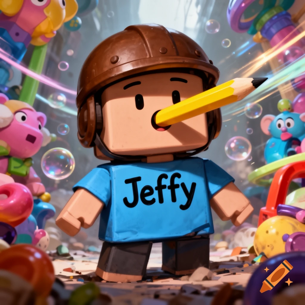 A block-toy character named Jeffy, with a pencil for a nose, wears a brown helmet and a blue shirt, surrounded by colorful toys.
