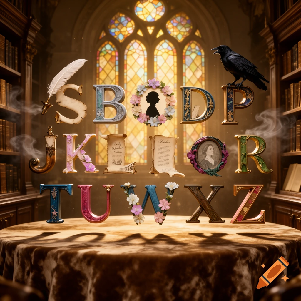 Decorative, ornate alphabet letters stylized with literary elements like quills, scrolls, a raven, flowers, and portraits, set in a grand library with stained-glass windows.
