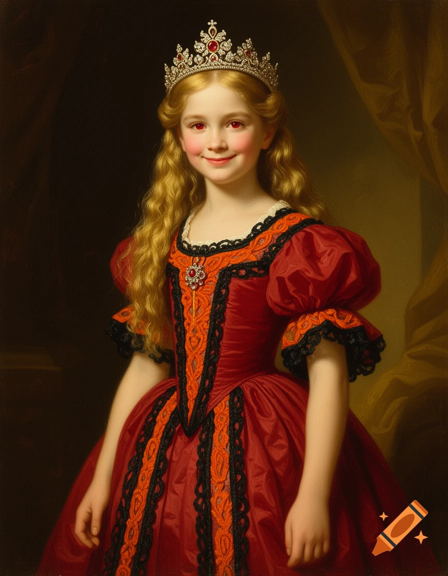 Old royal portrait painting of a young girl with long blonde hair, crimson eyes, a tiara, and a red Victorian dress with black and orange details.