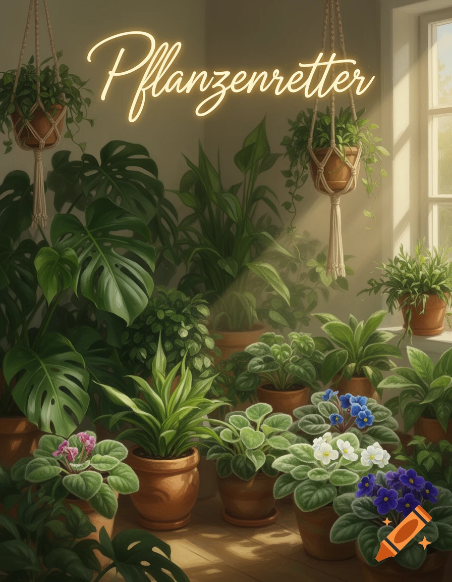 A vibrant collection of potted indoor plants, some flowering, in a sunlit room with 'Pflanzenretter' in neon text.