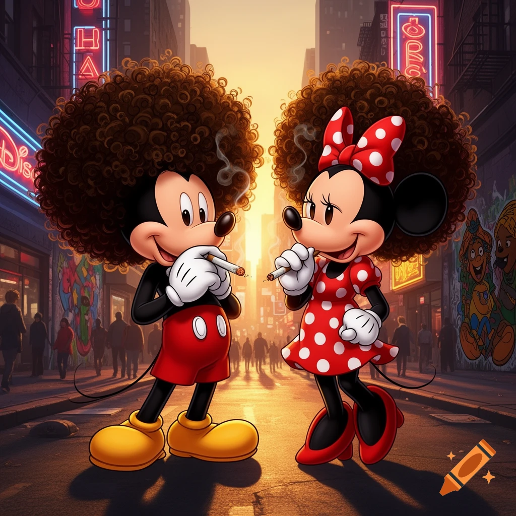 Cartoon Mickey and Minnie Mouse with large afros, smoking cigarettes on a city street at sunset, with neon signs and blurred crowds.