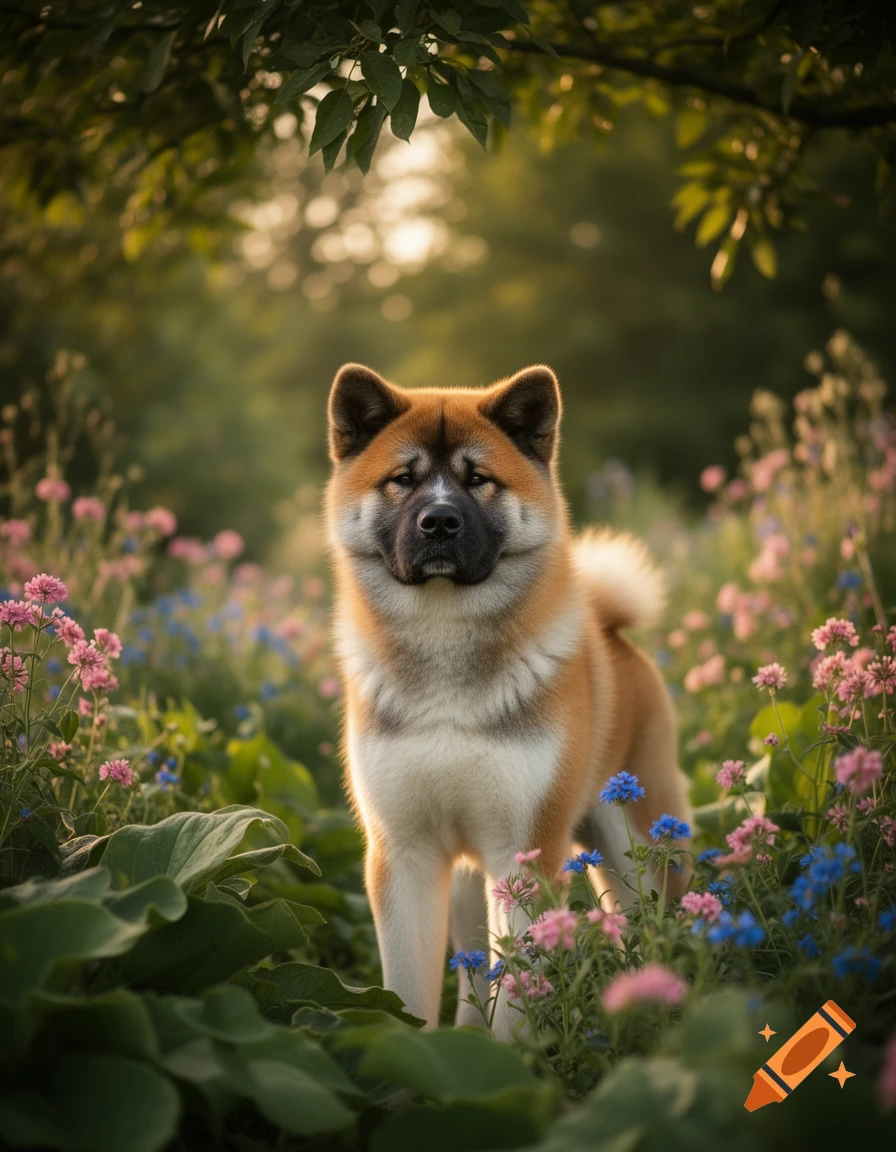 A majestic Akita dog stands amidst a field of vibrant pink and blue wildflowers in a lush, green forest under dappled sunlight.