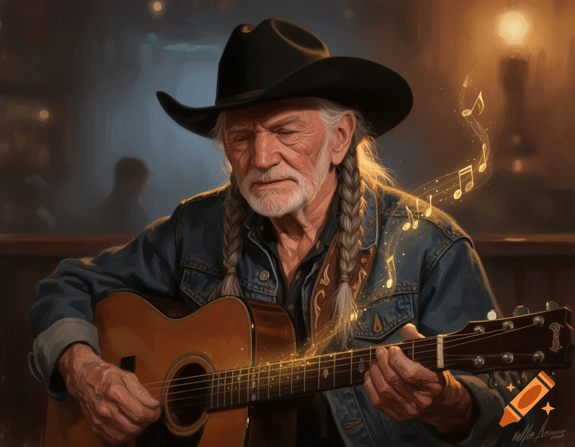 Painting of Willie Nelson with long braided hair and a cowboy hat, playing an acoustic guitar, with glowing musical notes floating around him.