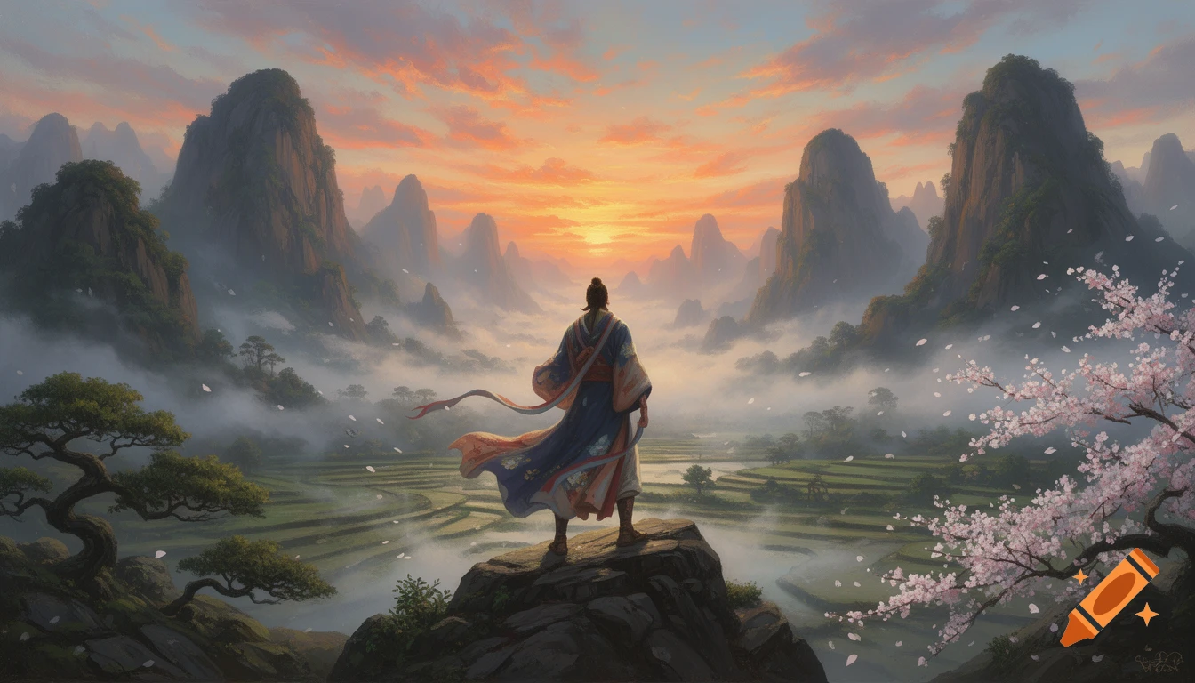 A figure in traditional East Asian attire stands on a rock, overlooking a misty mountain landscape with rice paddies and cherry blossoms at sunset.