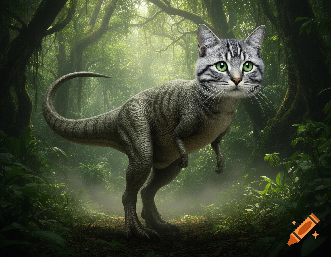 A photorealistic striped cat head on a dinosaur body stands in a lush, misty jungle with green eyes.