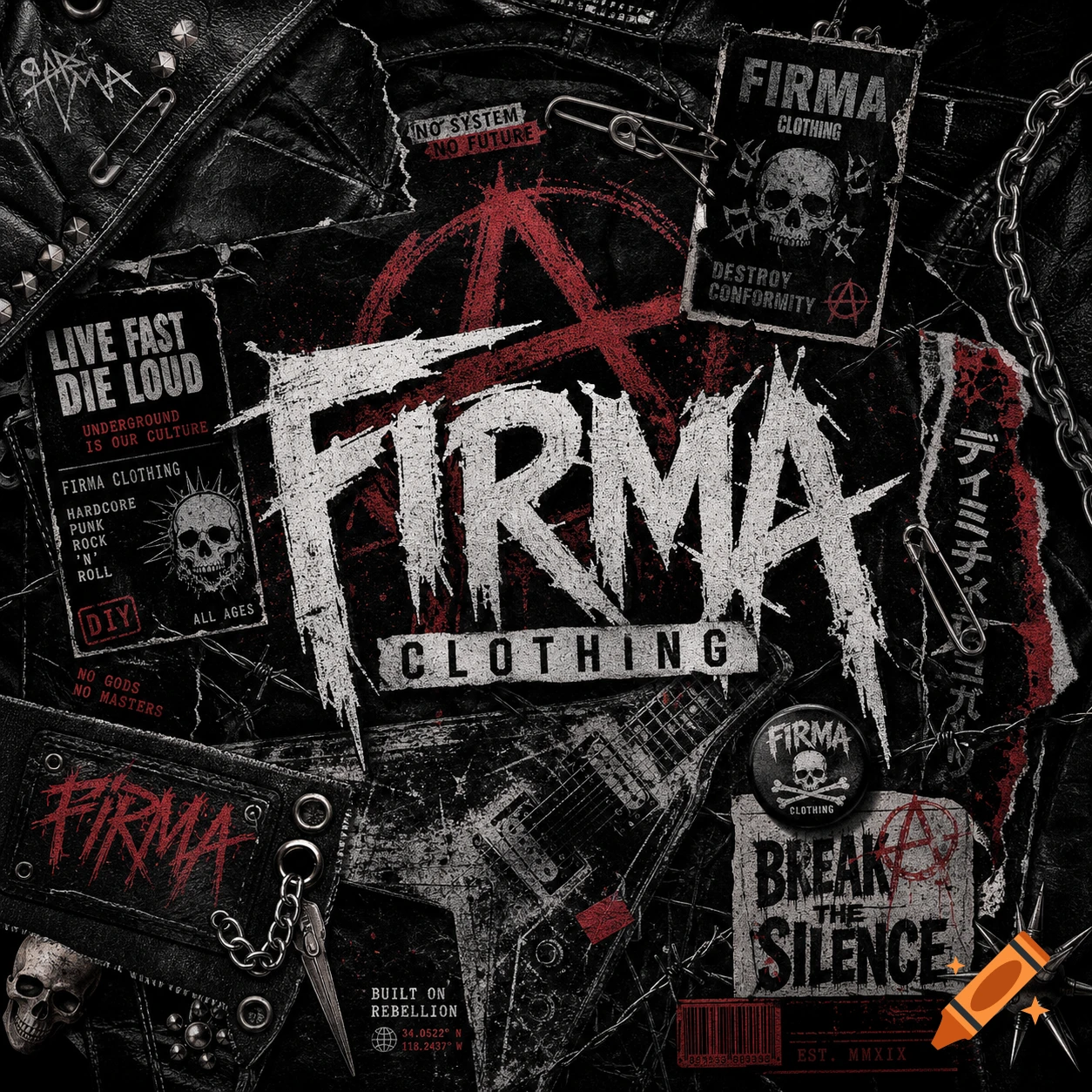 A dark, grunge-style collage for 'Firma Clothing' streetwear, featuring distressed text, skulls, safety pins, chains, barbed wire, and guitar silhouettes on a black leather background.