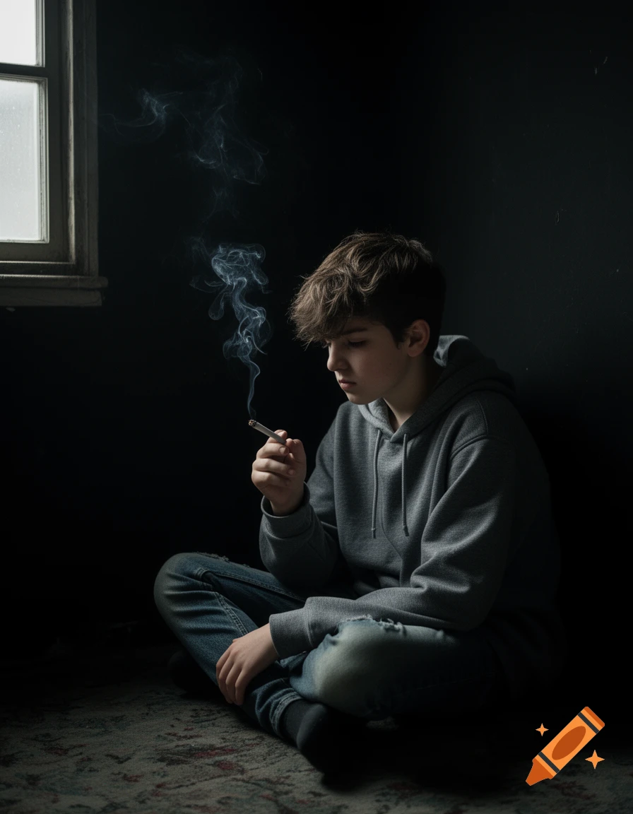 A young person with messy hair sits cross-legged in a dark room next to a window, smoking a cigarette, with smoke curling upwards.