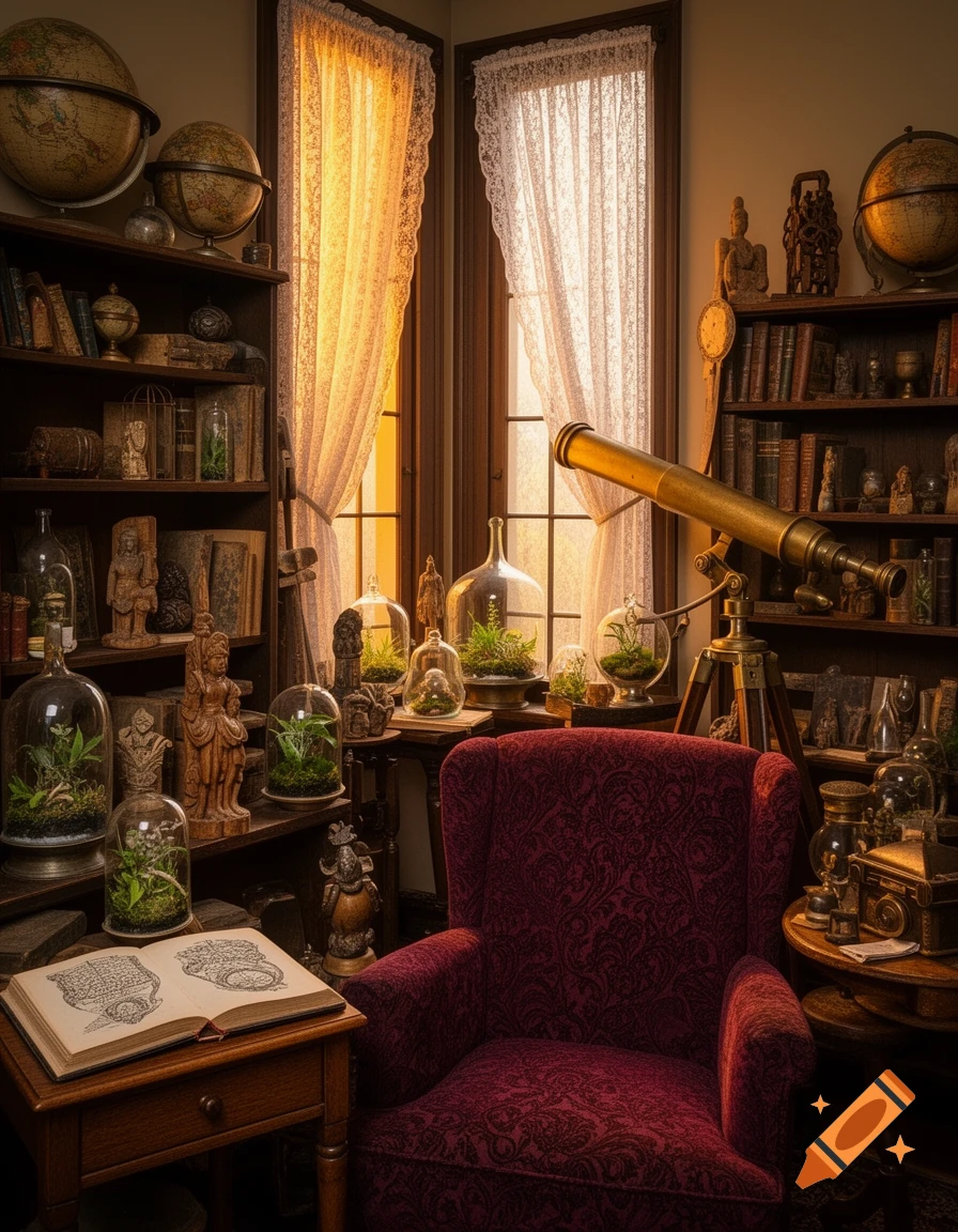 A vintage study or curiosity cabinet room with bookshelves, globes, terrariums, a telescope, a red armchair, and an open book.