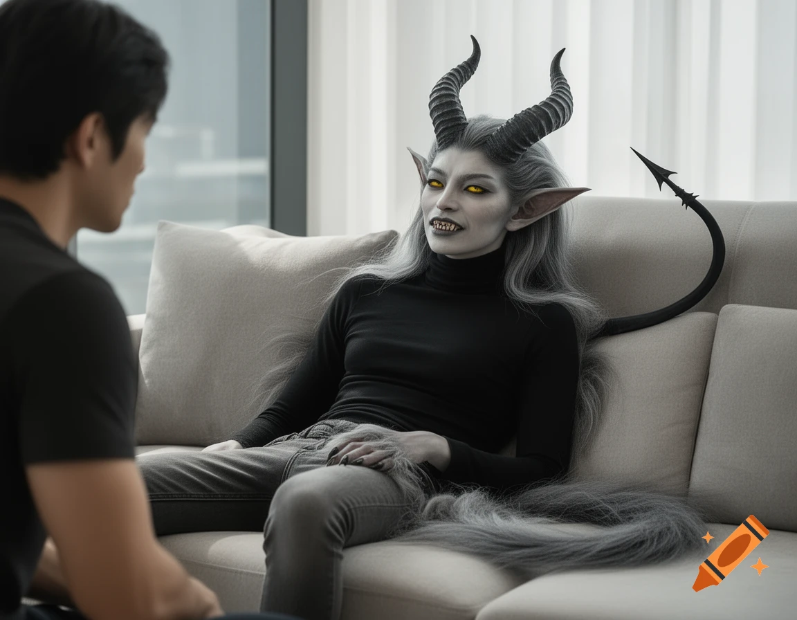 A grey-skinned demon-like woman with horns, pointed ears, yellow eyes, and a long tail sits on a light couch, looking at a man facing away from the viewer.