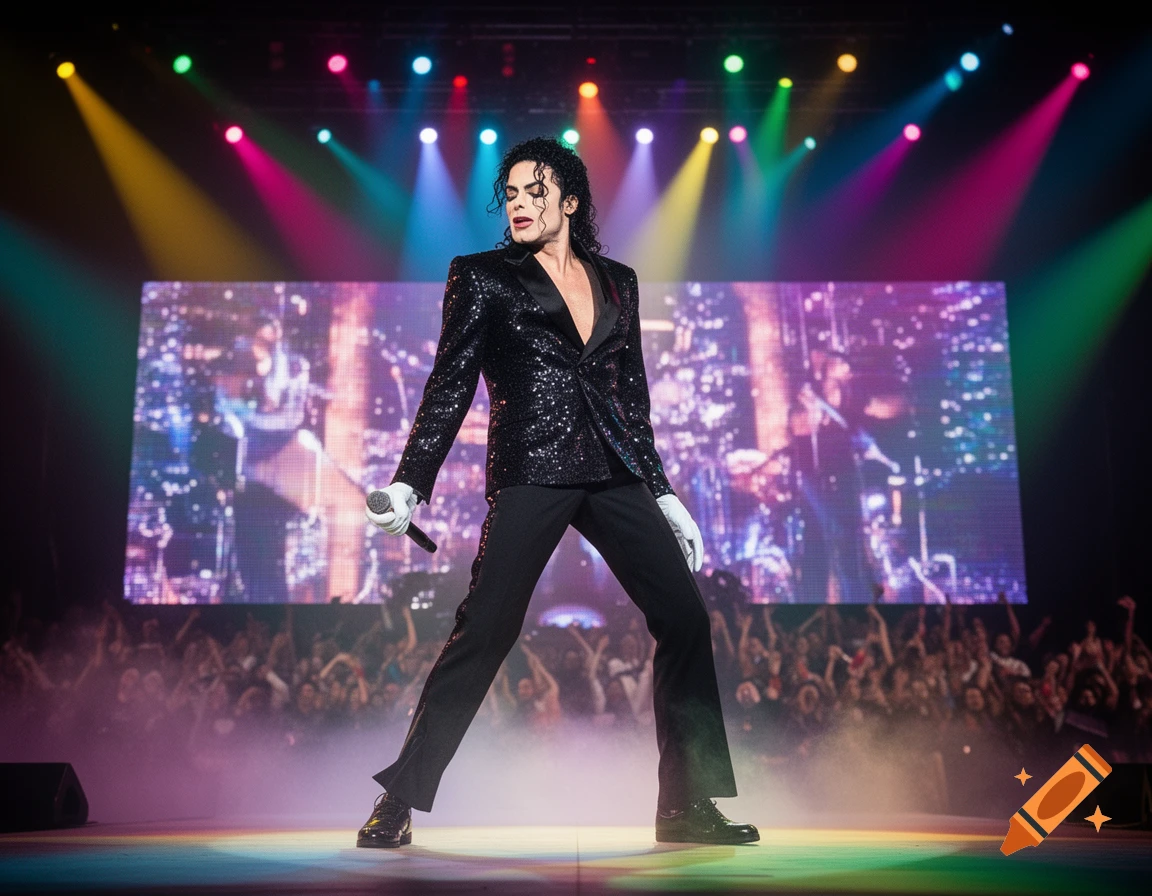 Michael Jackson performs on a stage, wearing a sequined jacket and white gloves, illuminated by colorful spotlights in a photorealistic style.