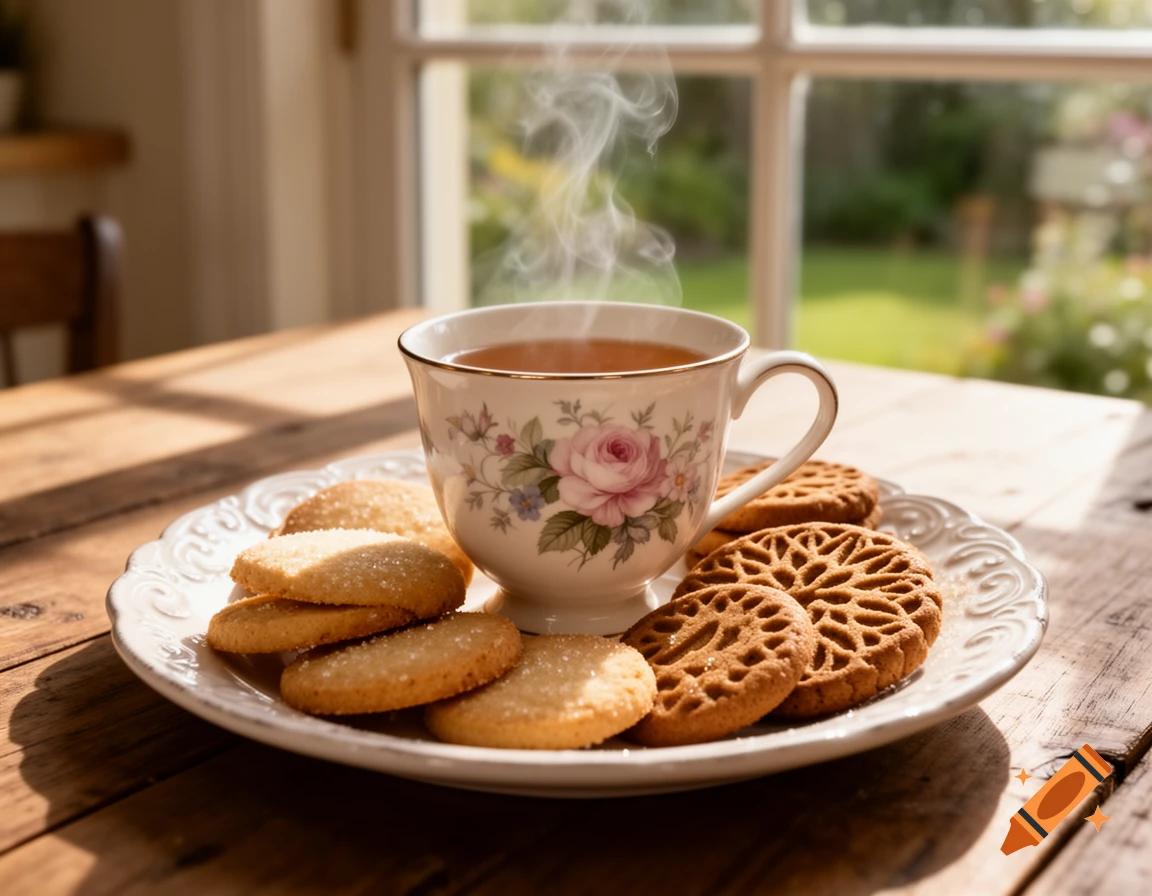 A steaming floral teacup and assorted biscuits on a plate, bathed in sunlight by a window looking out to a garden.
