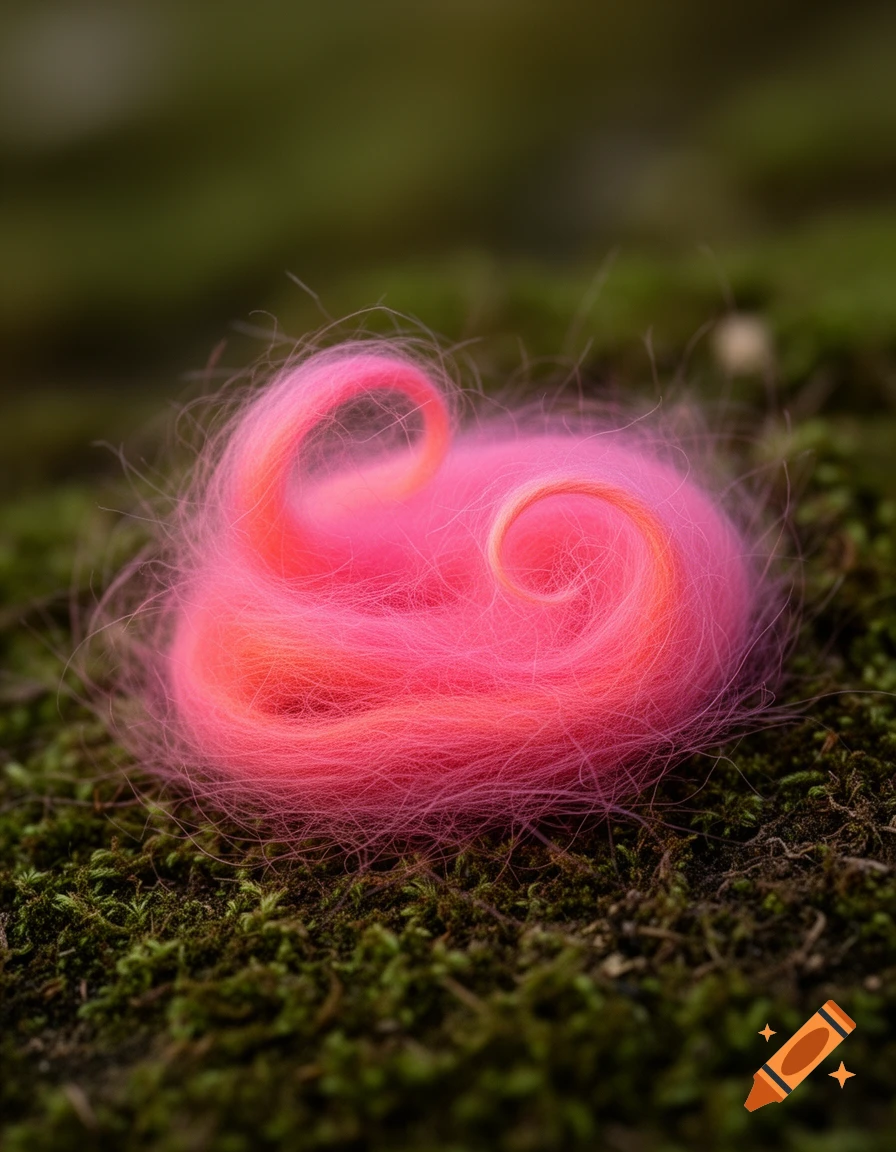 A swirling mound of bright pink and orange fluffy material rests on a bed of green moss.