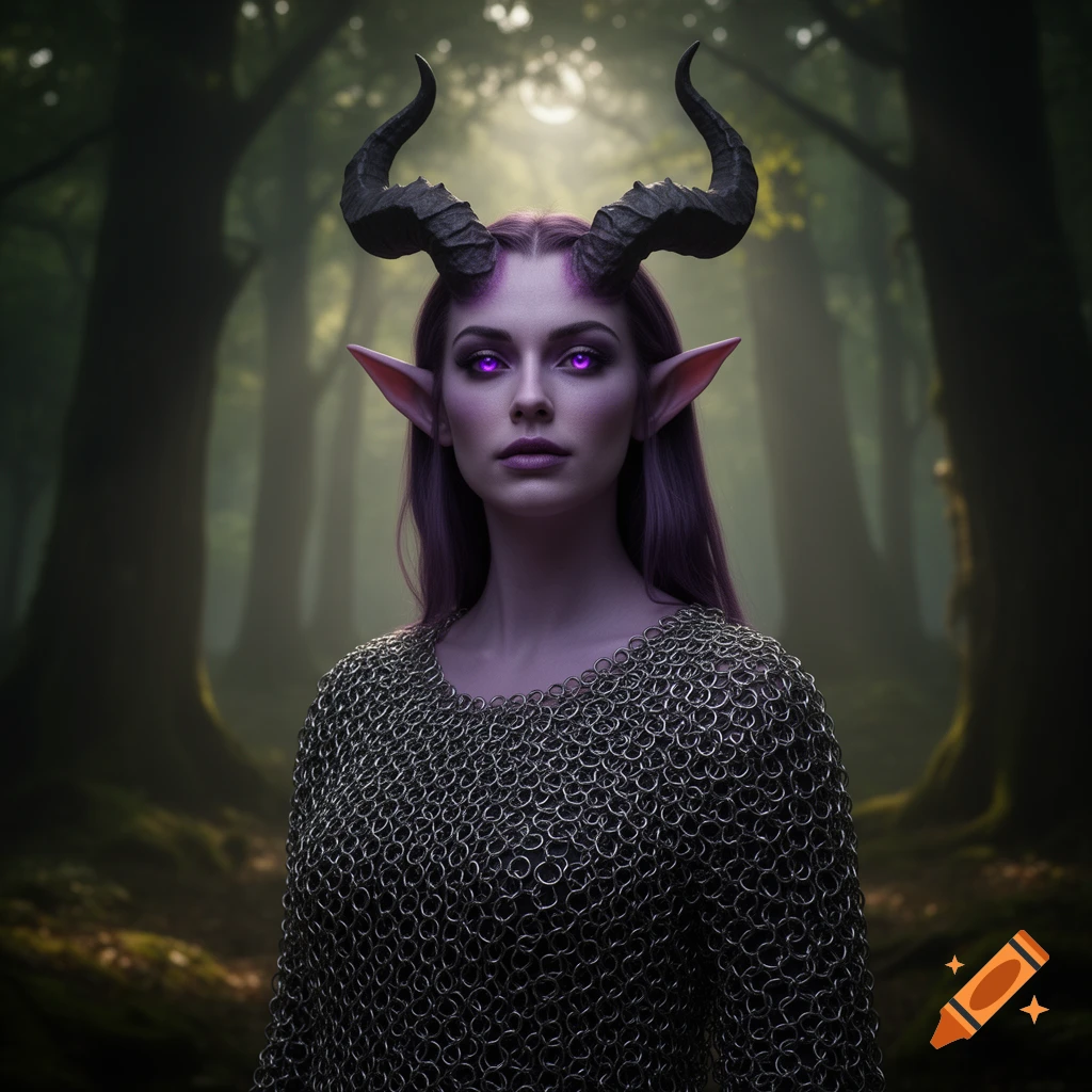 A female Tiefling with light purple skin, glowing dark purple eyes, black horns, and pointed ears, wearing a chain shirt in a mystical forest.