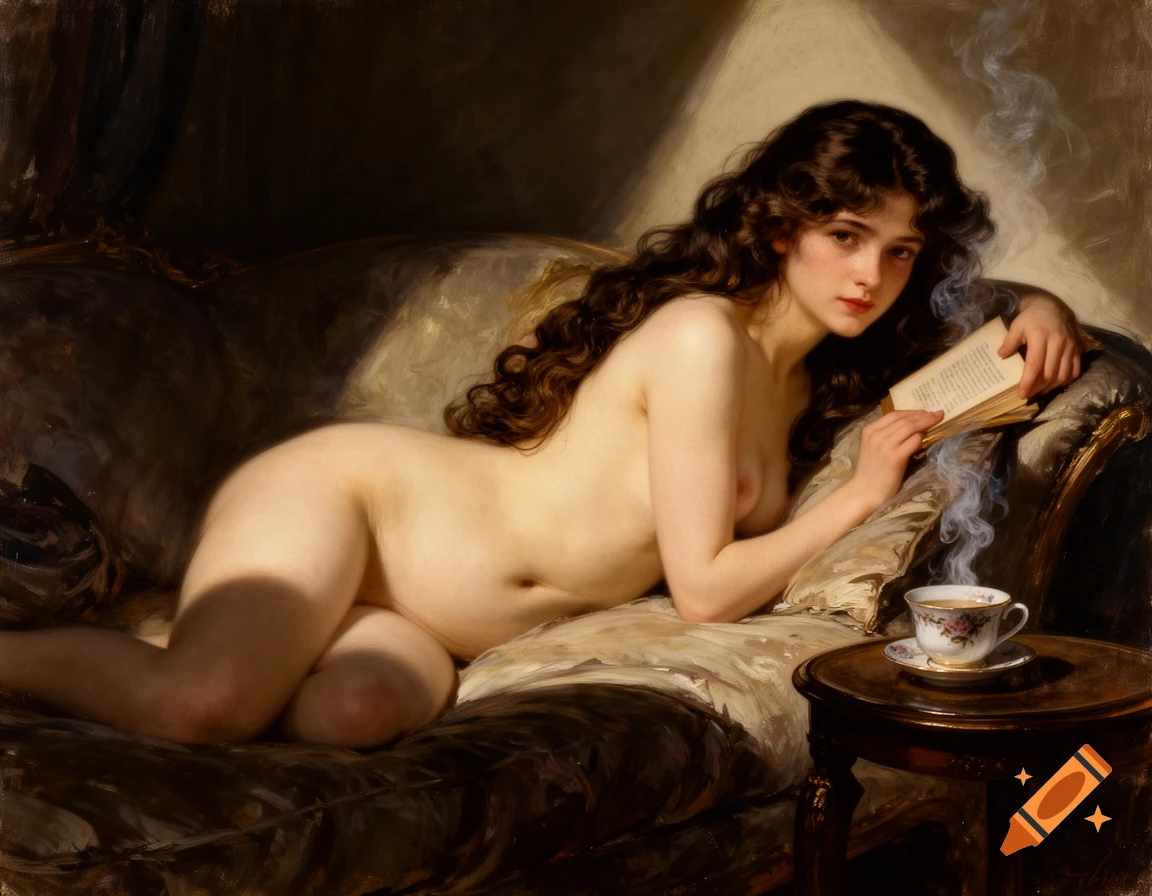 An oil painting of a nude woman with long dark hair reclining on a couch, holding an open book and looking at the viewer. A steaming teacup is on a small table.