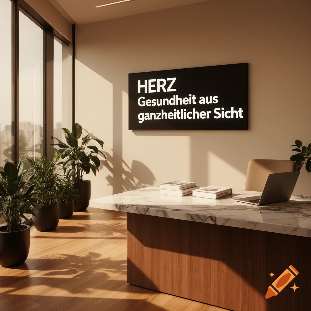 Modern photorealistic office with large windows, plants, a marble desk, a laptop, and a sign 'HERZ Gesundheit aus ganzheitlicher Sicht'.