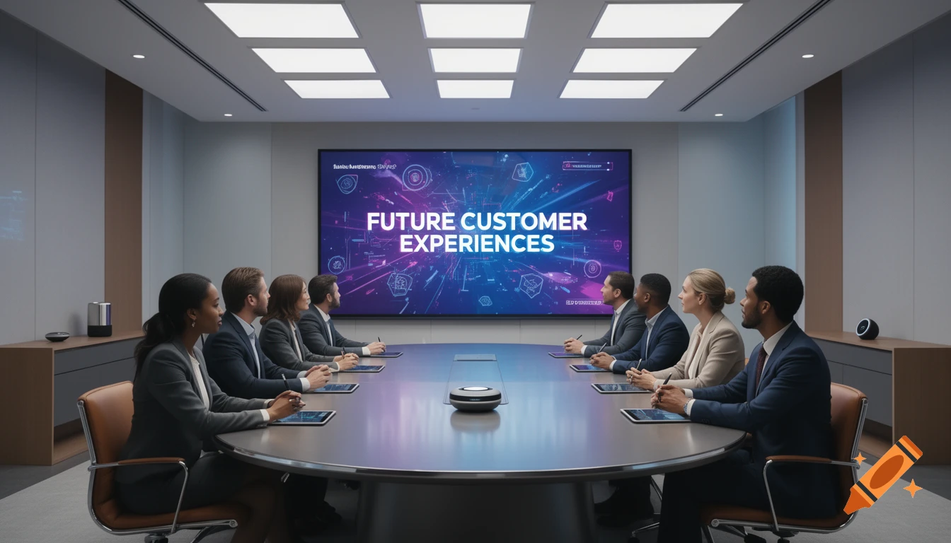 A diverse group of professionals in business attire sit around a large conference table, looking at a screen displaying "FUTURE CUSTOMER EXPERIENCES" in a modern meeting room.