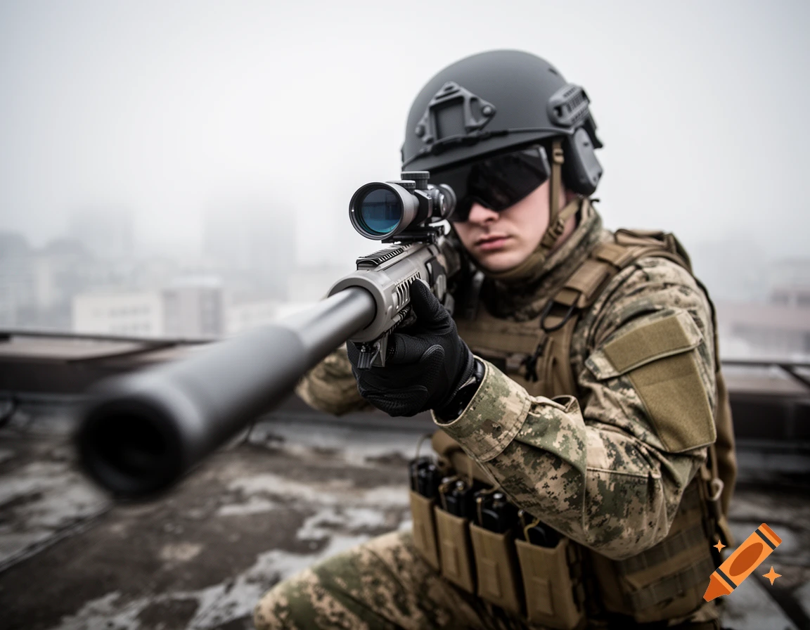 A camouflaged soldier with a helmet and tactical glasses aims a sniper rifle from a rooftop in a foggy urban environment.