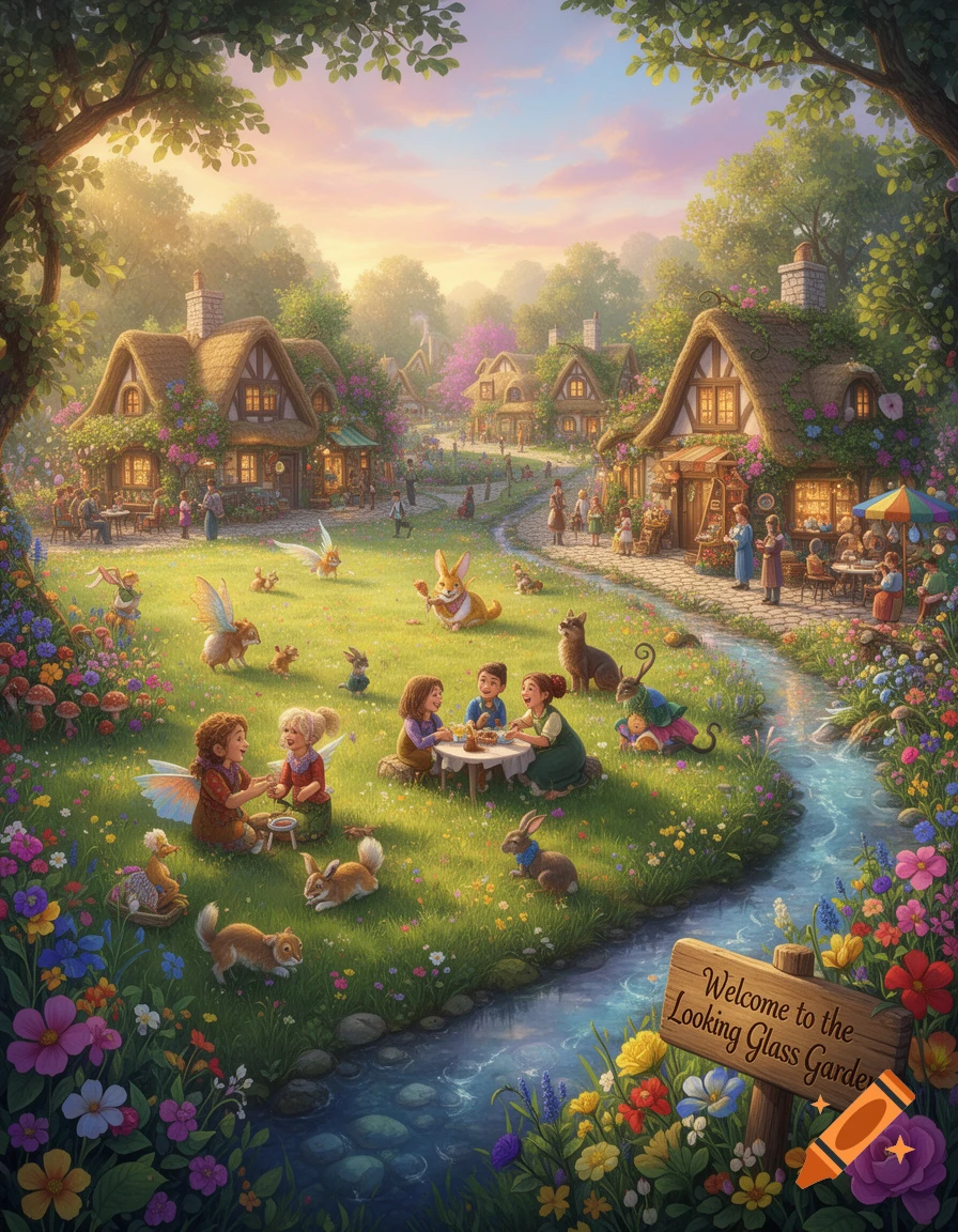 A whimsical illustration of a magical garden village with cottages, a stream, and people and creatures enjoying a picnic. A sign reads "Welcome to the Looking Glass Garden".