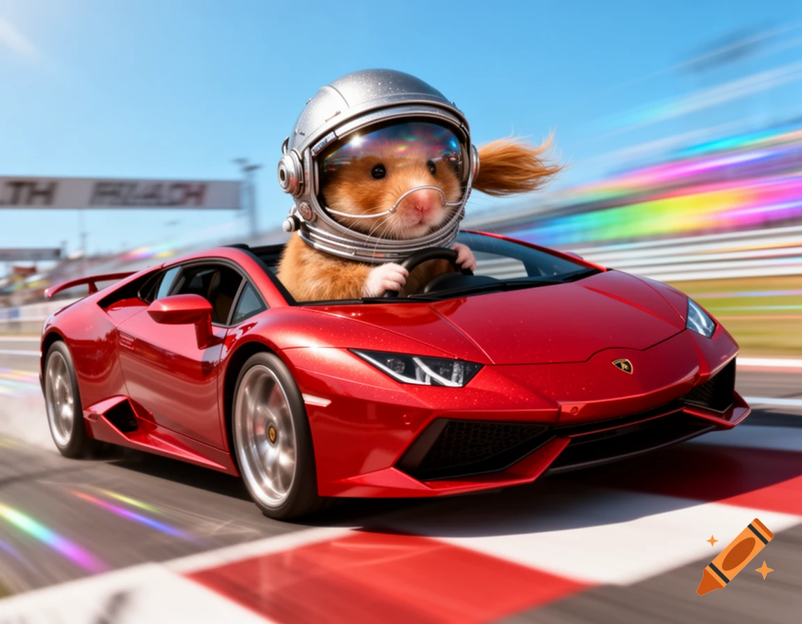 A cute hamster in an astronaut helmet drives a red Lamborghini sports car at high speed on a race track, motion blur in background.