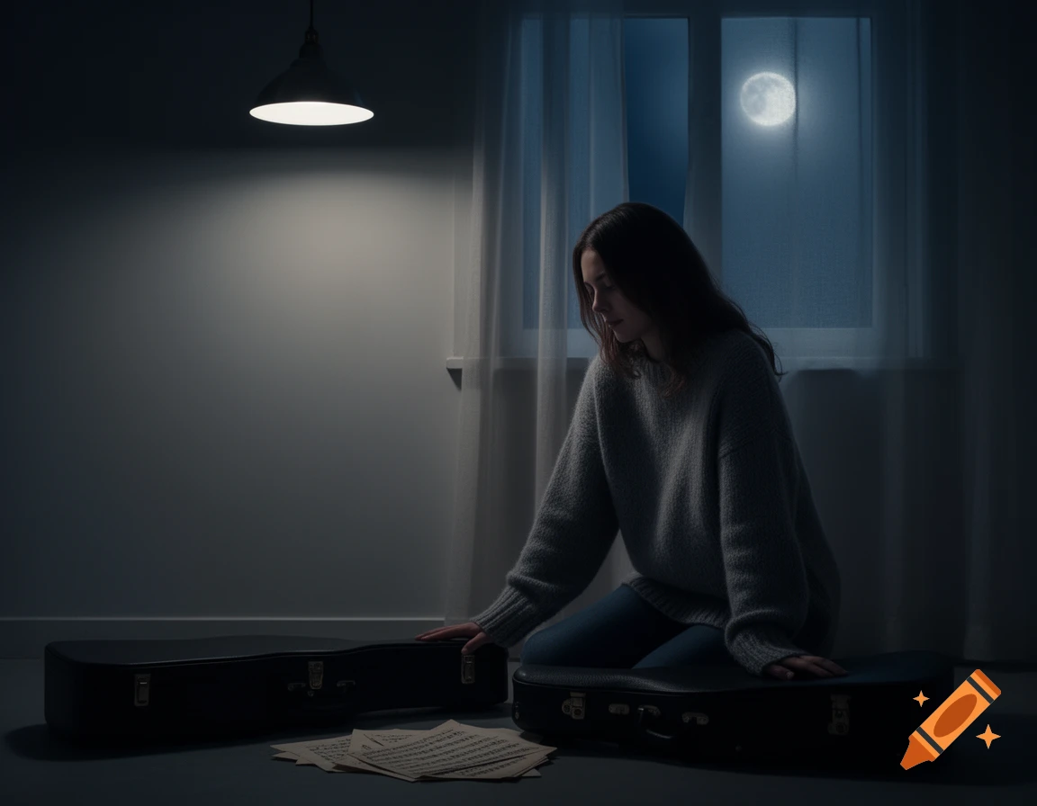 A woman sits on the floor in a dimly lit room, looking down at sheet music and two guitar cases. A bright full moon is visible outside the window.