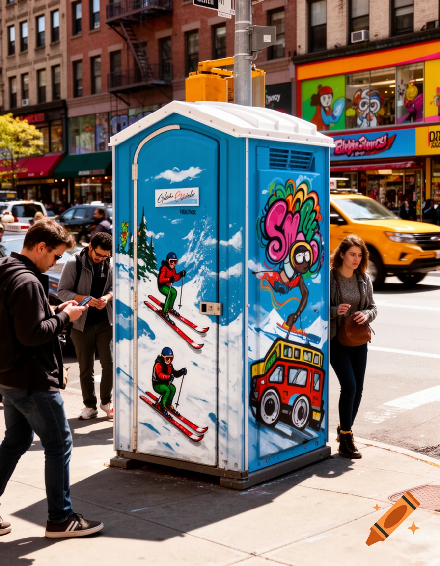 A blue portable toilet, covered in colorful graffiti of skiers and stylized text reading 'SKIBI', stands on a city sidewalk next to people and cars.