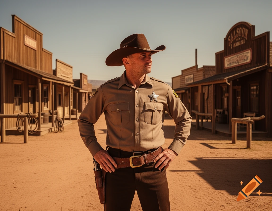 A photorealistic image of a sheriff in a brown uniform and cowboy hat standing in the dusty main street of an old west town.