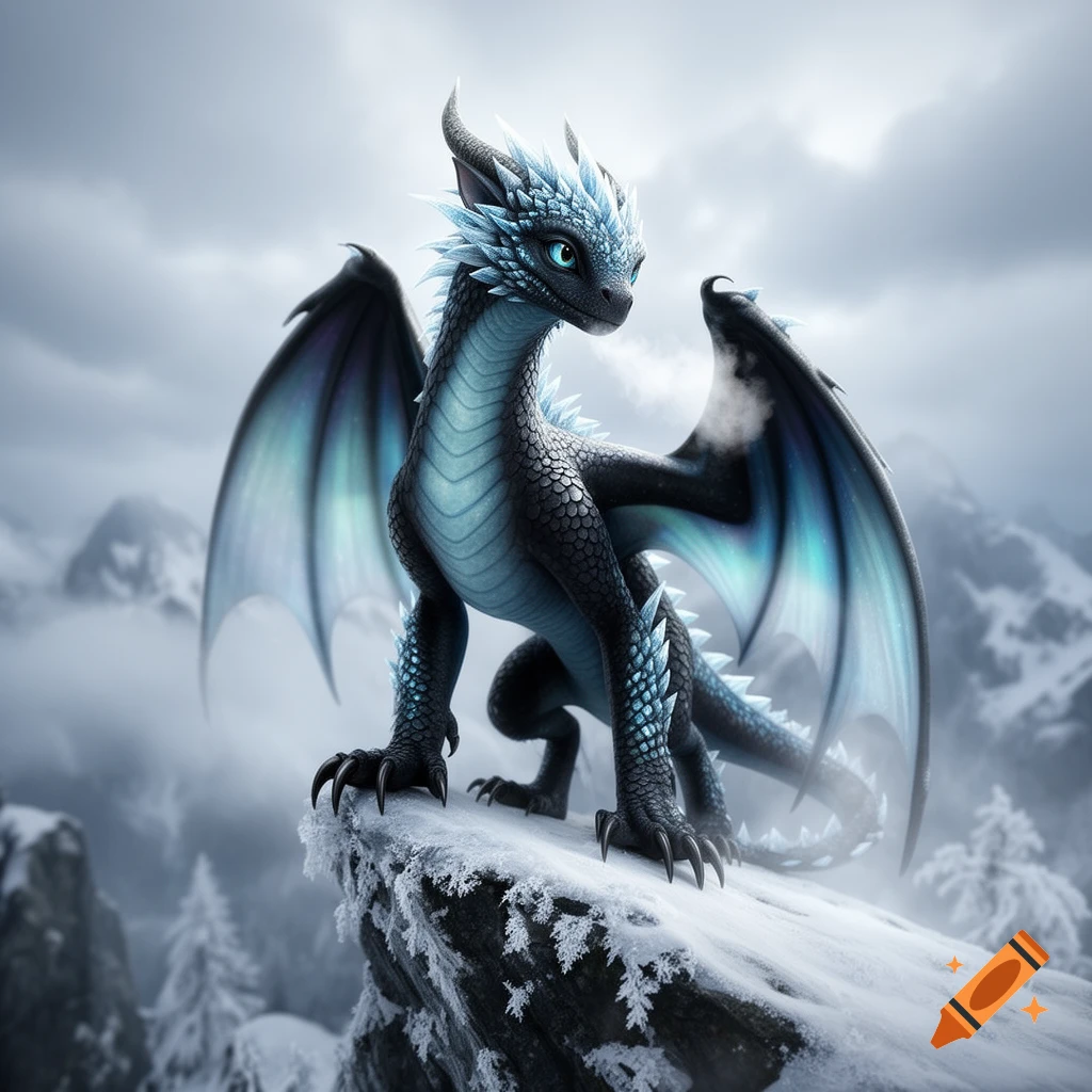 A blue, white, and black ice dragon with large wings and sharp claws perches on a snowy mountain peak against a cloudy sky.