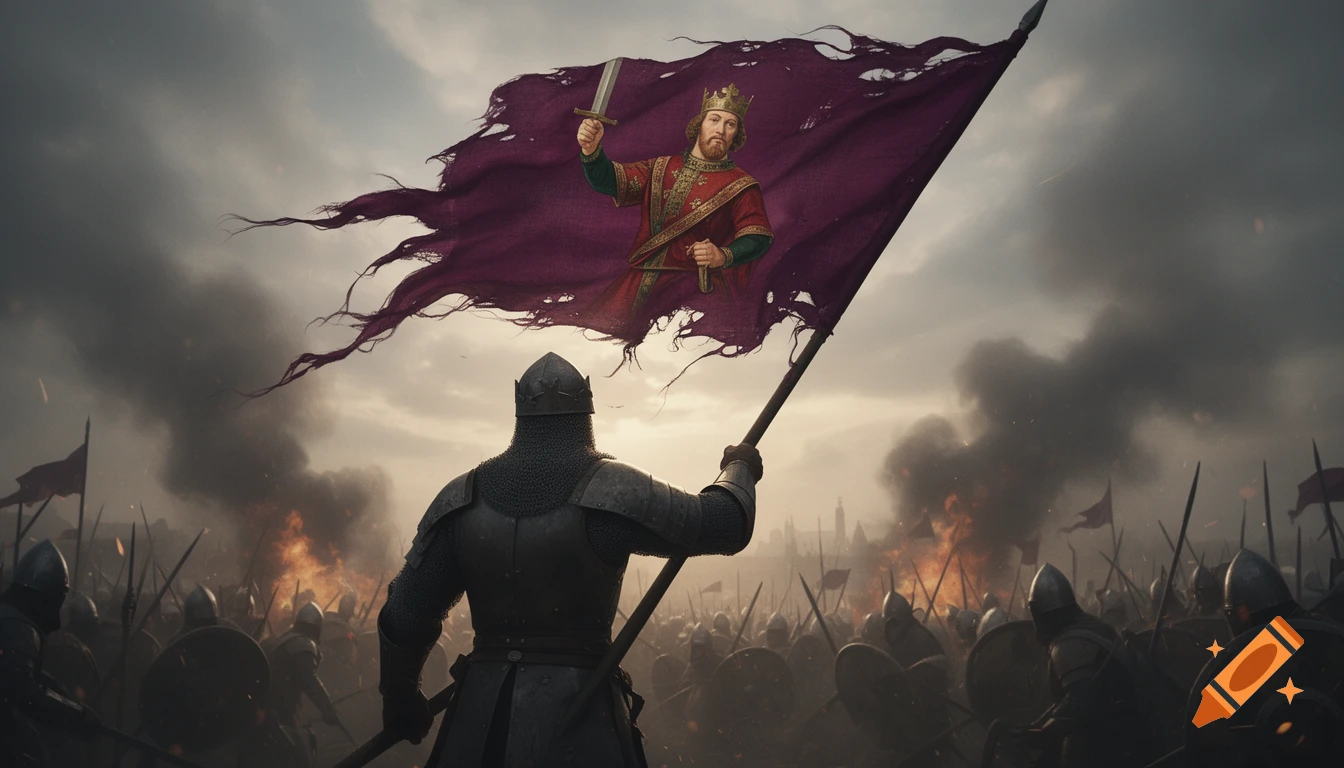 A medieval warrior from behind holds a tattered purple flag with a king's portrait amidst a smoky battlefield under a stormy sky.