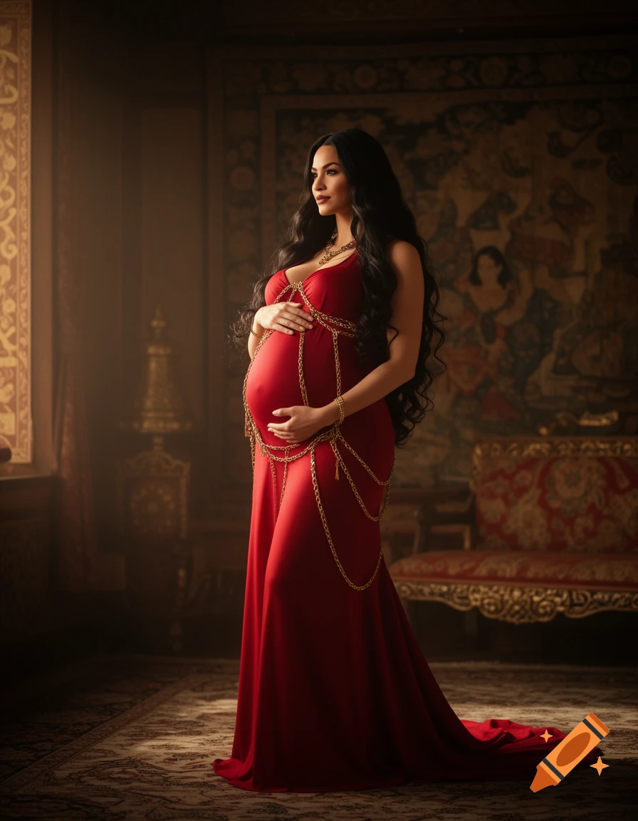A pregnant woman in a flowing red gown adorned with gold chains stands in a dimly lit, ornate room.