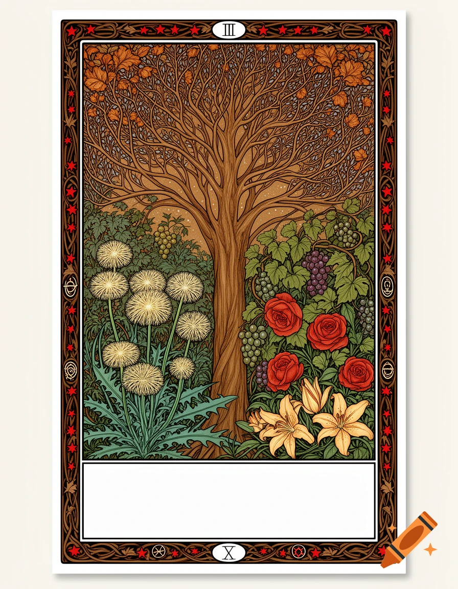 Detailed art nouveau illustration of a tree, dandelions, grapevines, roses, and lilies within a decorative border.