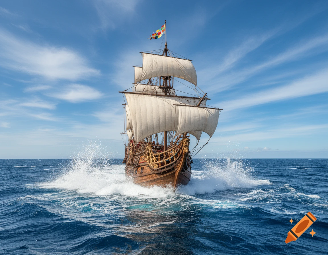 A detailed, photorealistic caravelle sailing across a blue ocean, creating white splashes, under a clear sky with sparse clouds.
