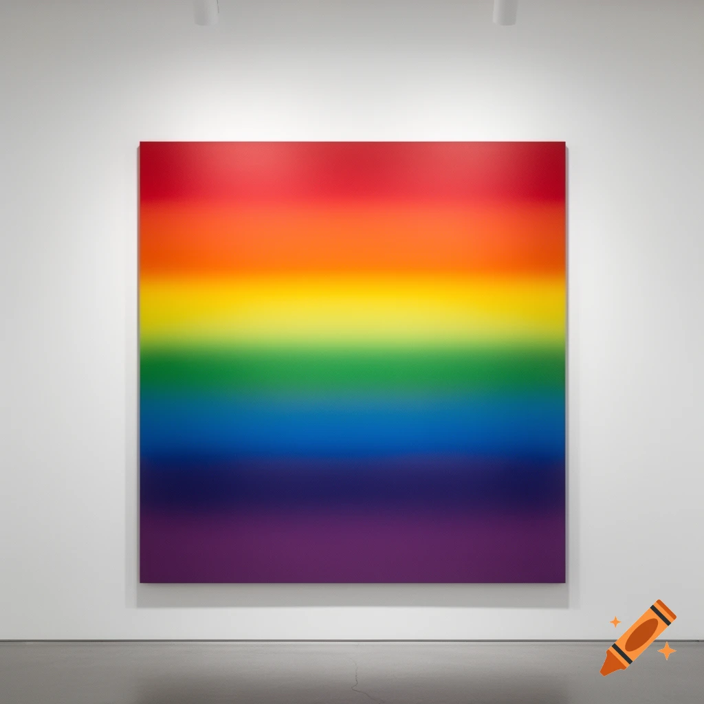 A large, abstract painting featuring a smooth rainbow gradient from red to purple, displayed on a white gallery wall with spotlights.