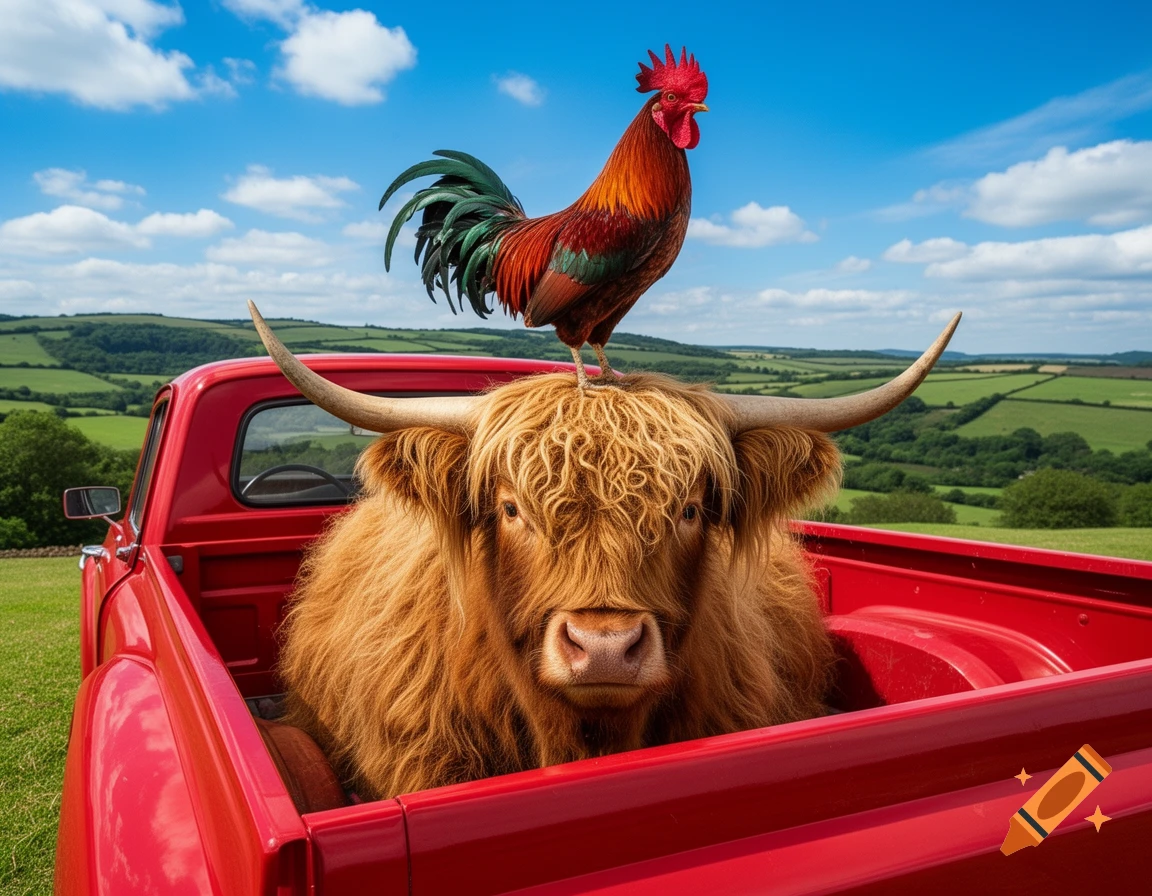 A shaggy Highland cow with a rooster on its head sits in the bed of a red pickup truck in a green, rolling landscape.