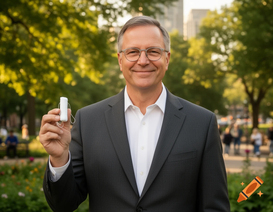 A smiling man, resembling Governor Tim Walz, holds up a white tampon in an outdoor park setting.
