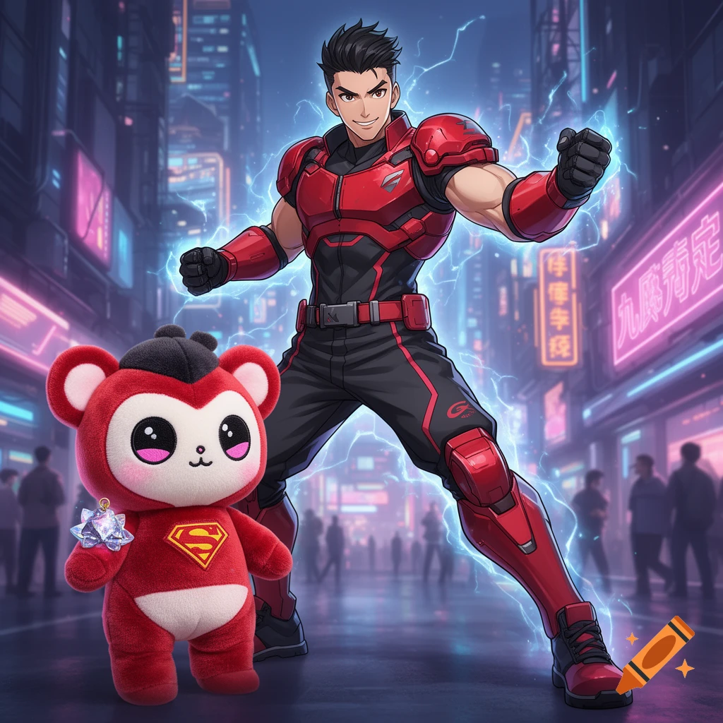 An anime-style male brawler in red and black armor with blue lightning and a cute red plushie with a Superman logo on a neon-lit city street.