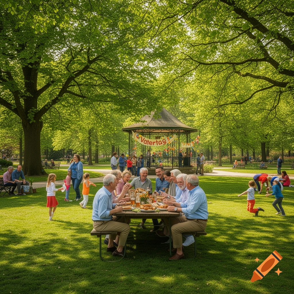 A lively park scene on Father's Day with families enjoying a picnic and children playing under green trees, with a gazebo in the background.