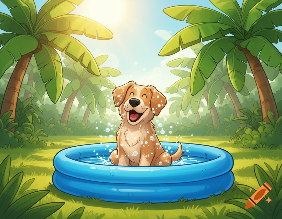 A happy cartoon dog splashes in a blue kiddie pool surrounded by palm trees under a sunny sky.