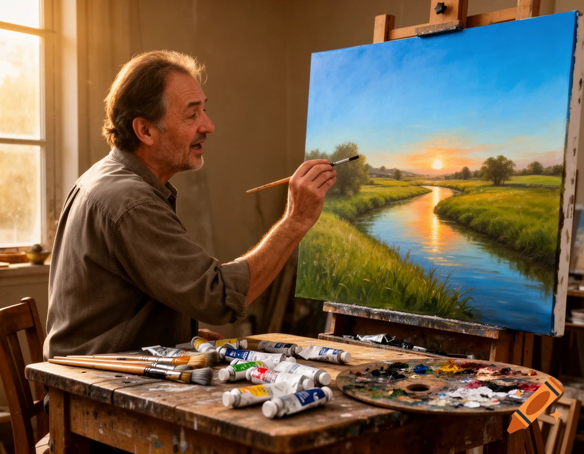 An artist paints a vibrant landscape with a river and sunset on canvas in a sunlit studio.
