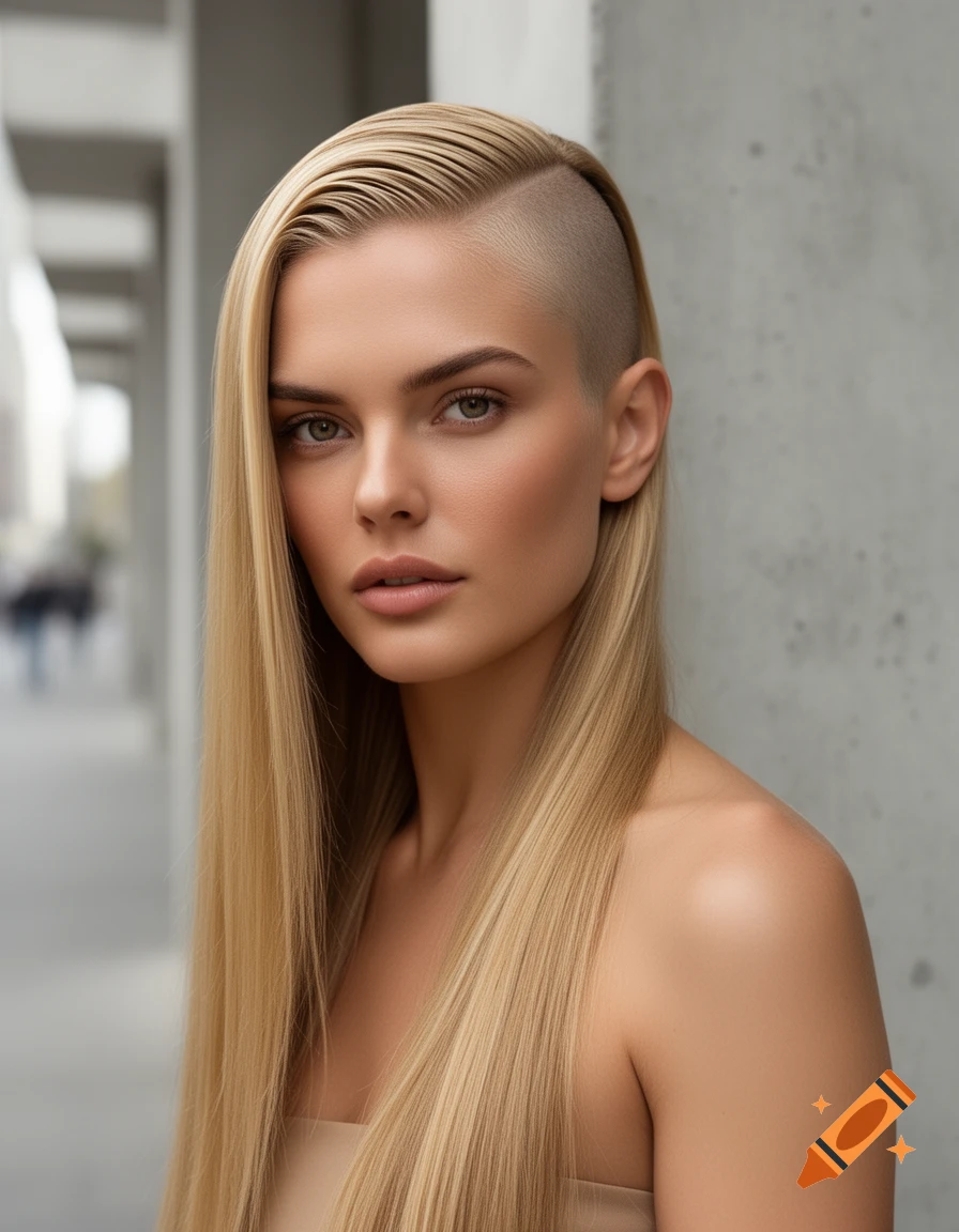 Close-up portrait of a woman with long blonde hair and a shaved undercut, looking at the viewer.