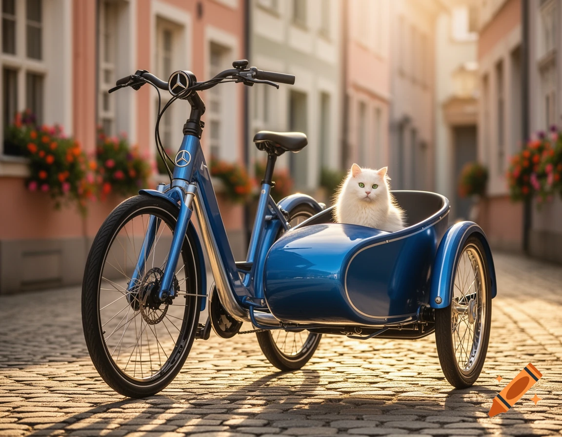 A fluffy white cat sits in a shiny blue bicycle sidecar on a sunlit cobblestone street, with old buildings in the background.